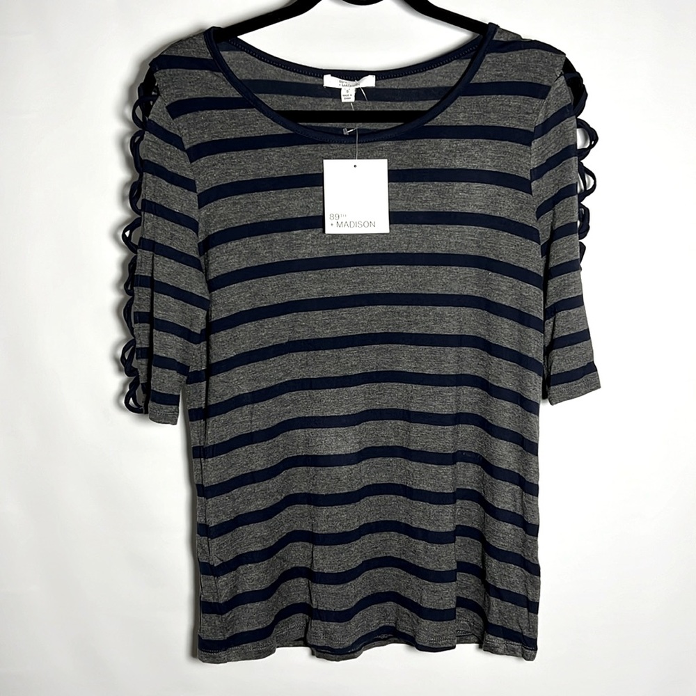 89th + Madison size S small striped gray navy blue top cross cross open sleeves